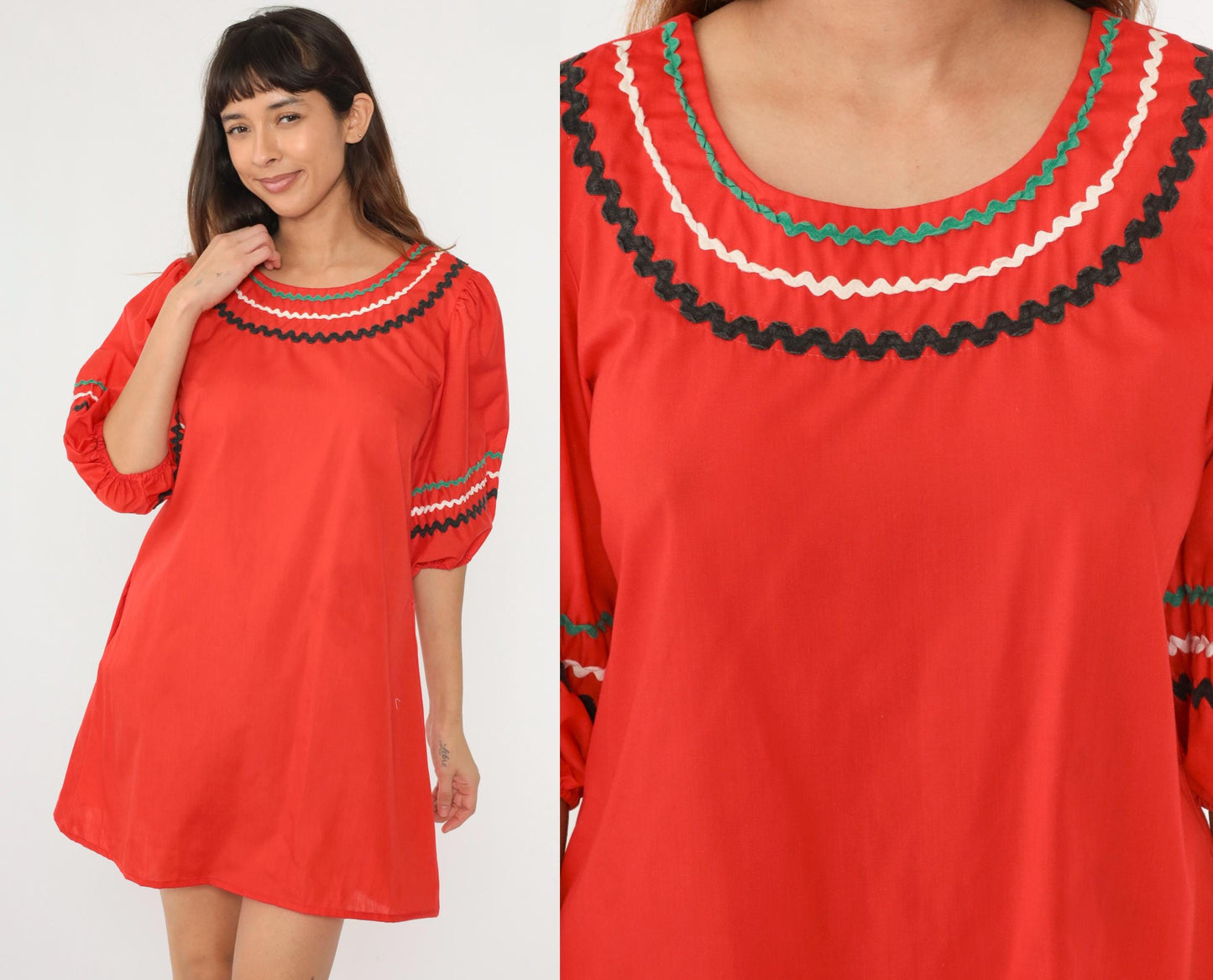 70s Red Mini Dress Puff Sleeve Ric Rac Trim Folk Country Shift Medium