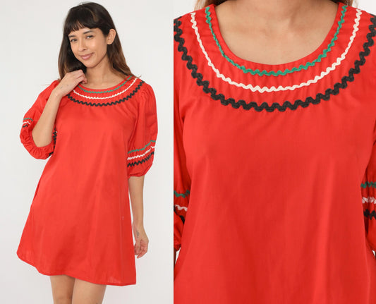 70s Red Mini Dress Puff Sleeve Ric Rac Trim Folk Country Shift Medium