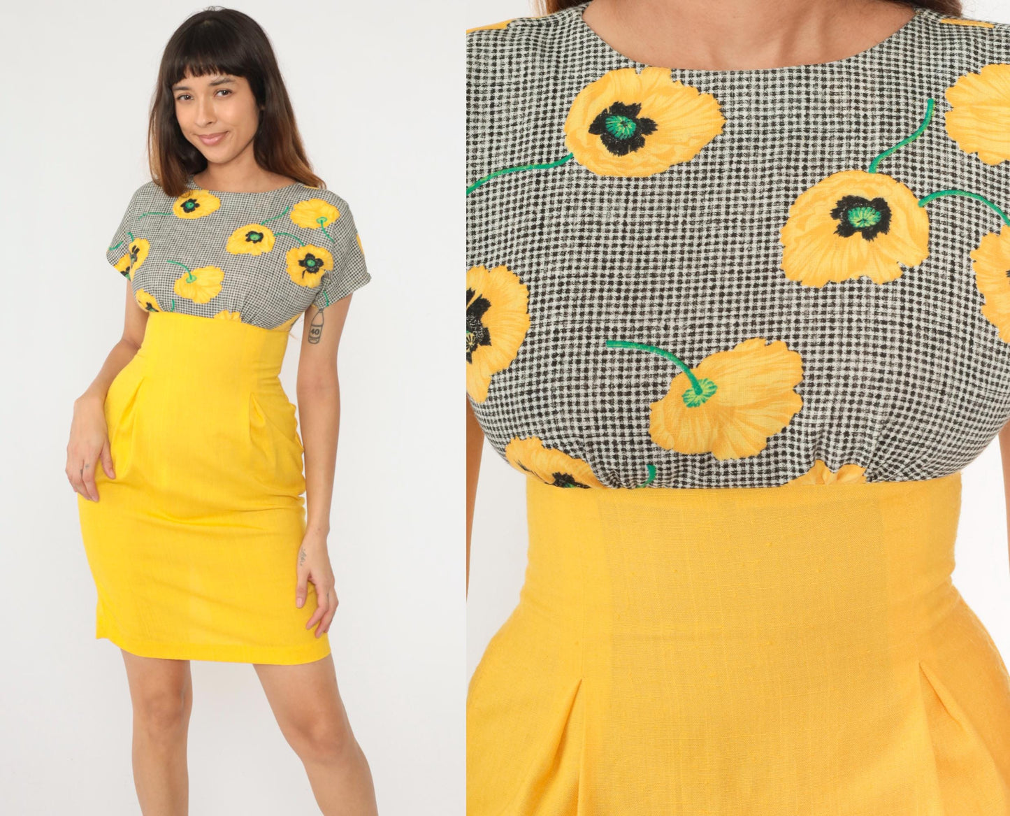 80s Yellow Floral Black Gingham Empire Waist Mini Dress Pleated Small
