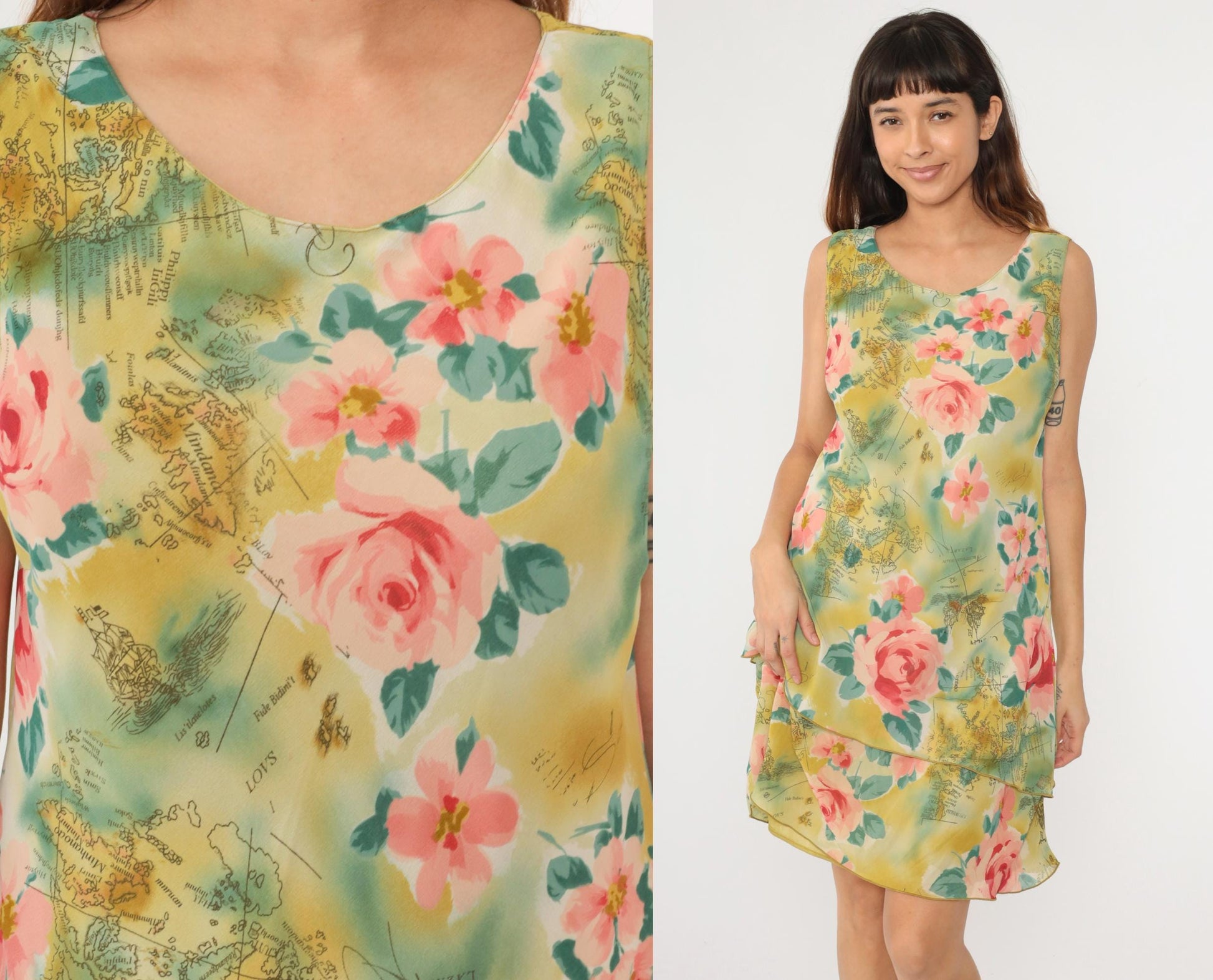 Y2K Tropical Map Floral Mini Sundress Asymmetrical Tiered Hem Pink Medium