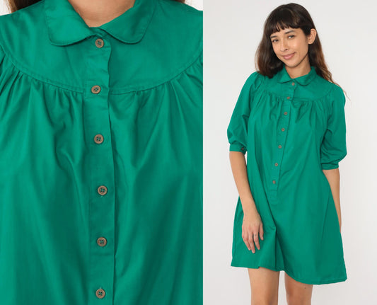 70s Green Yoke Shirtdress Peter Pan Collar Puff Sleeve A-Line Medium