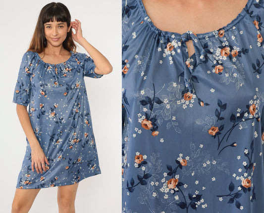 70s Blue Floral Mini Dress Keyhole Neck Shift Short Sleeve Medium Large