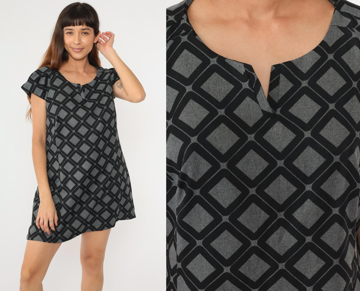 90s Robbie Bee Geometric Mini Dress Grey Black V-Neck Puff Sleeve Large