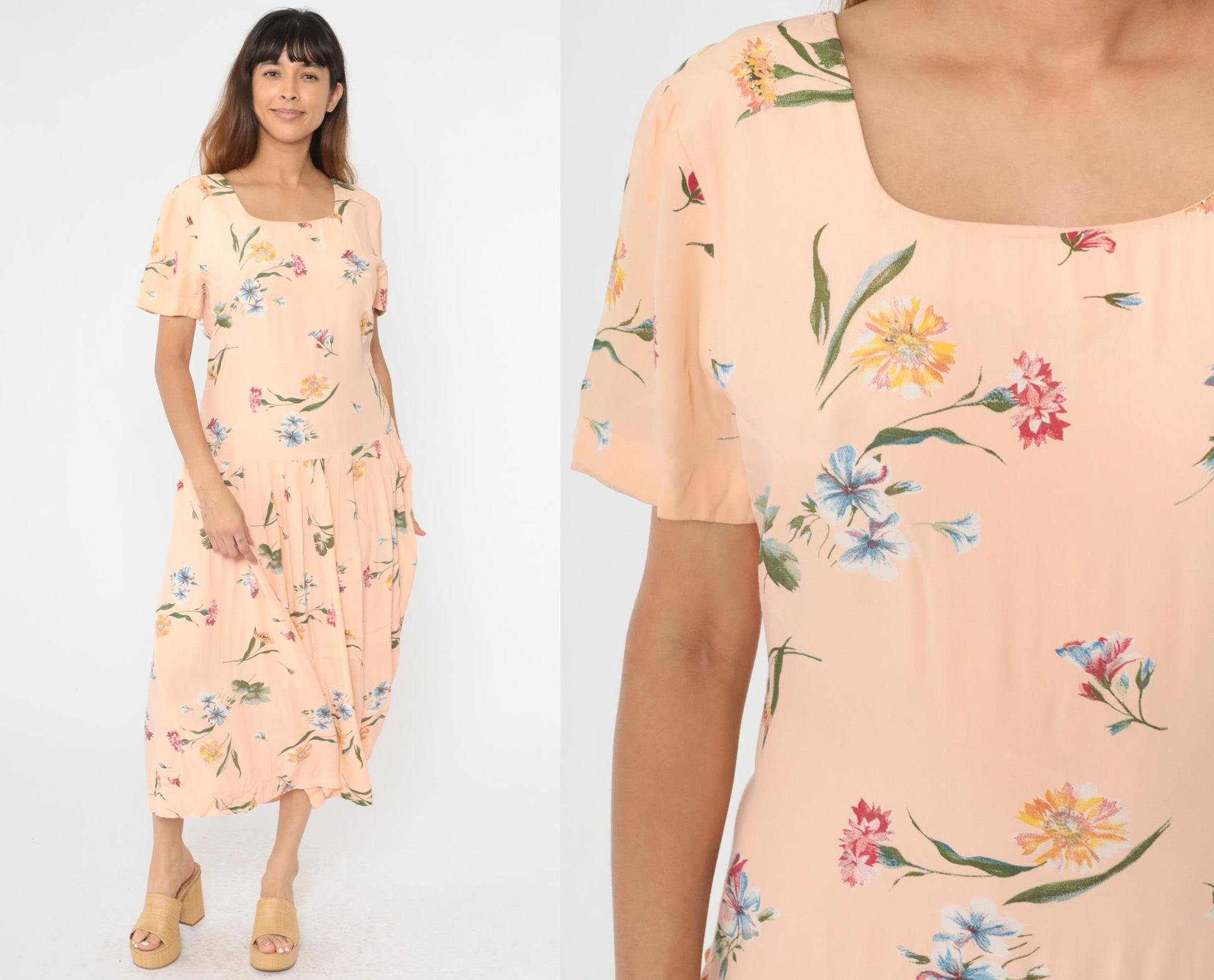 90s Talbots Peach Floral Maxi Dress Drop Waist Pleated Button Back Large