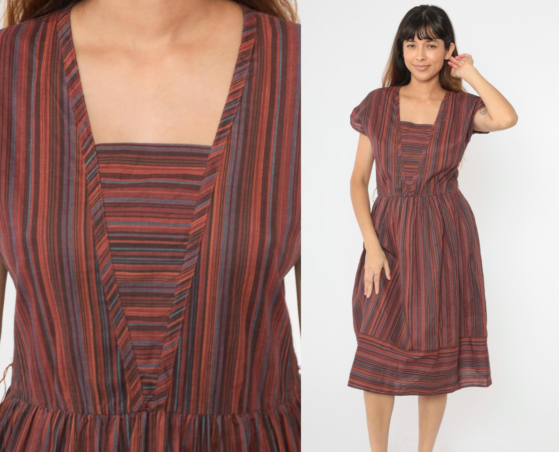 80s Multicolor Striped Midi Dress Keyhole Back Square Neck Cap Sleeve Medium