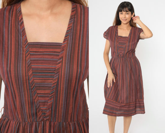 80s Multicolor Striped Midi Dress Keyhole Back Square Neck Cap Sleeve Medium