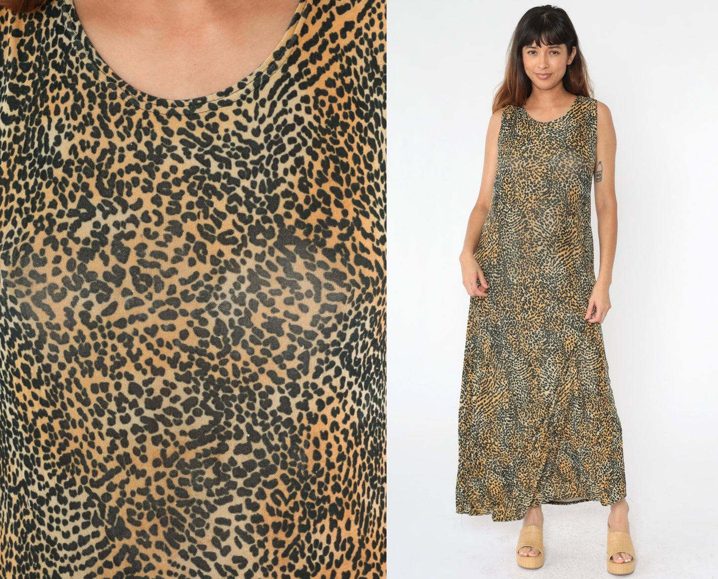 90s Kathie Lee Leopard Print Maxi Dress Sleeveless Column Medium