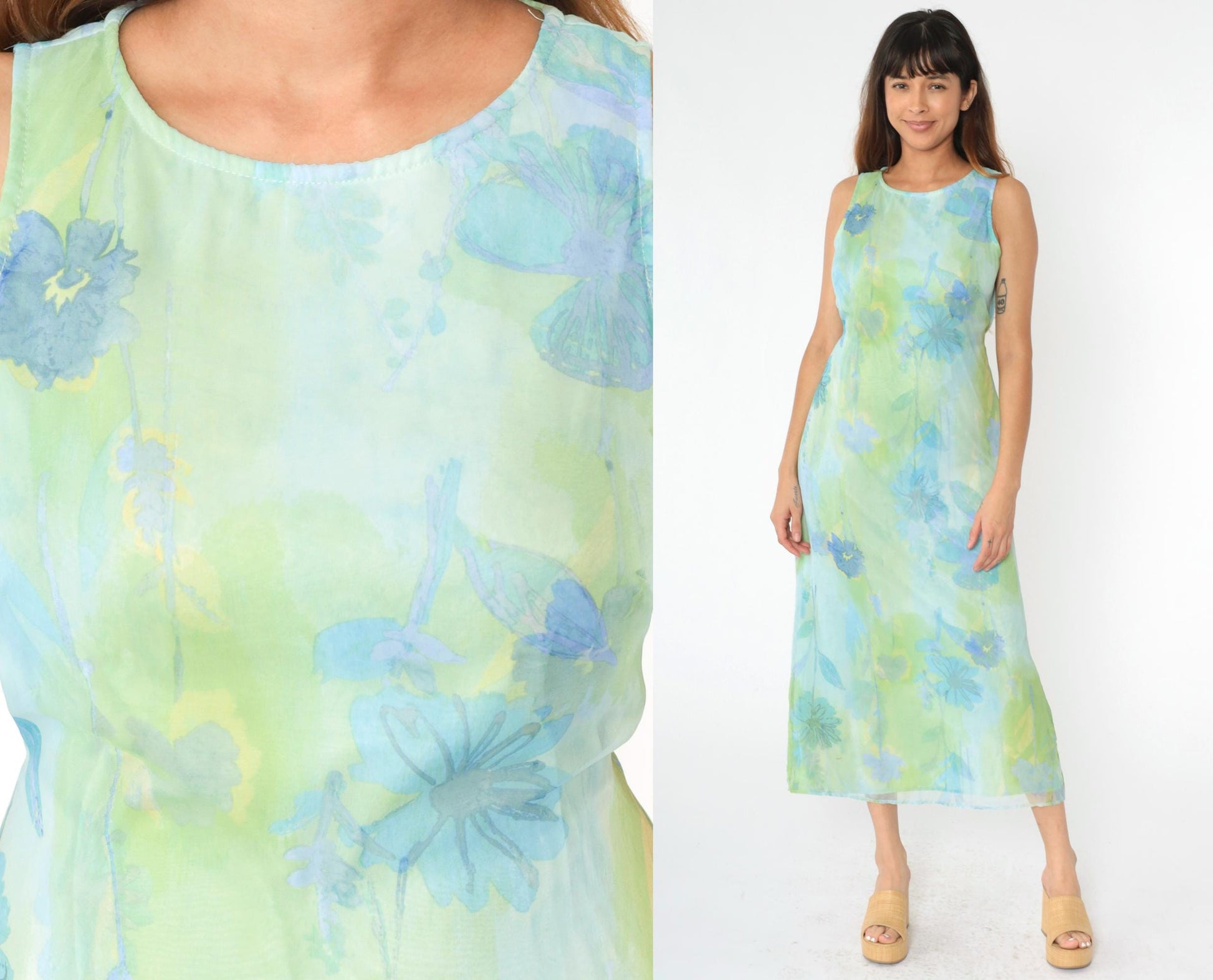 90s City Triangles Watercolor Floral Chiffon Midi Dress Blue Green Medium