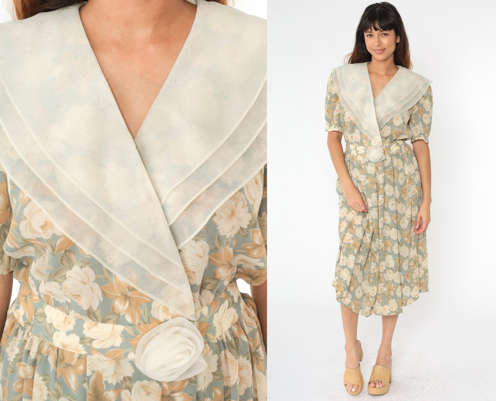 90s Leslie Fay Floral Midi Wrap Dress Puff Sleeve Shawl Collar Medium