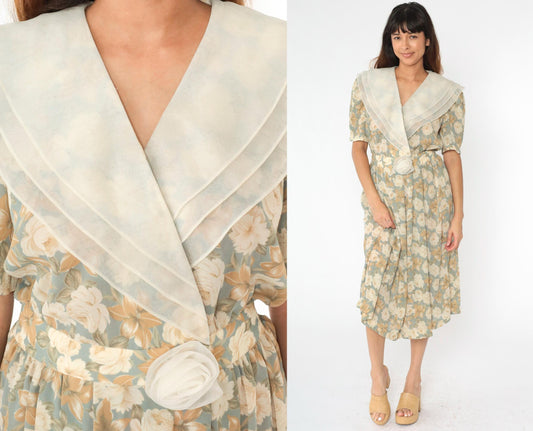 90s Leslie Fay Floral Midi Wrap Dress Puff Sleeve Shawl Collar Medium