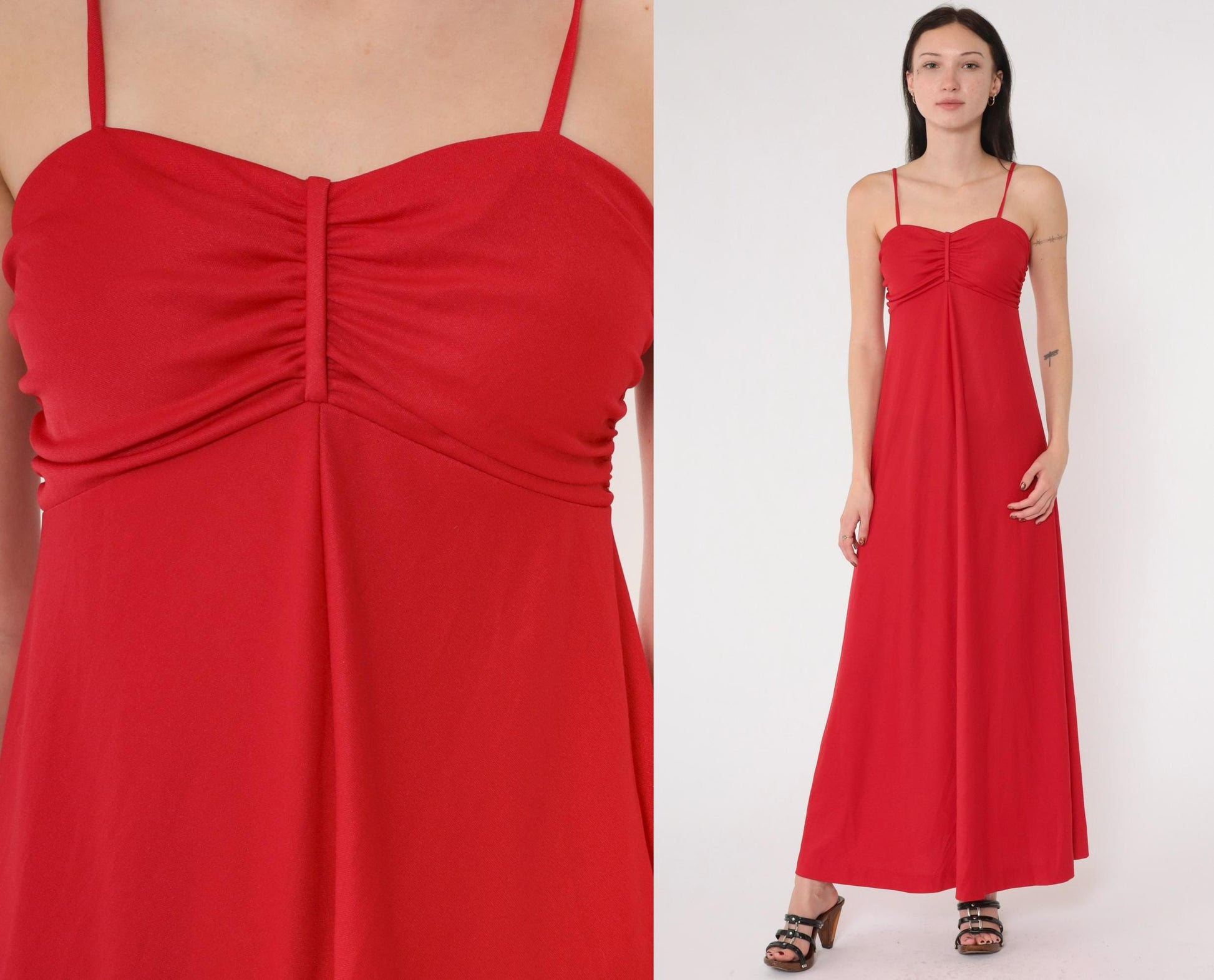 70s Red Maxi Dress Empire Waist Spaghetti Strap Gathered Bodice Extra Small
