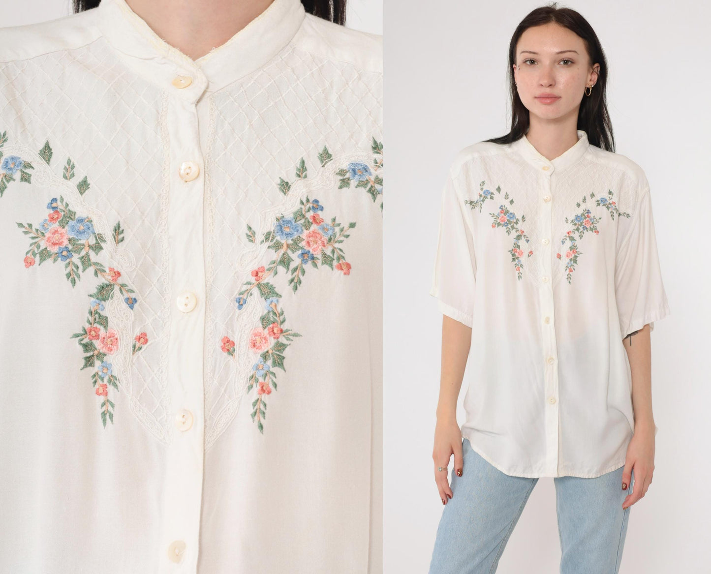 90s Garbo Floral Embroidered White Rayon Blouse Mandarin Collar Medium