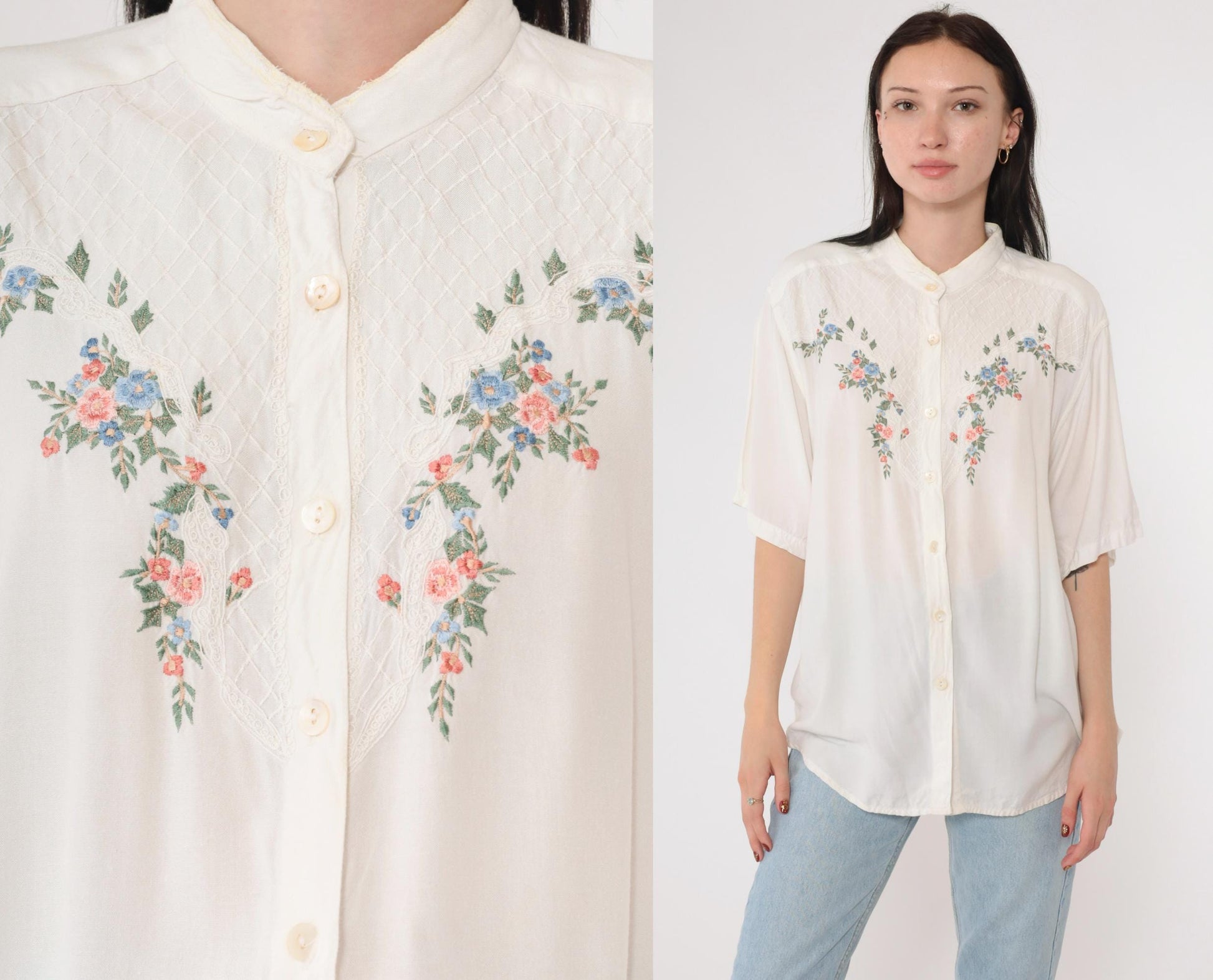 90s Garbo Floral Embroidered White Rayon Blouse Mandarin Collar Medium