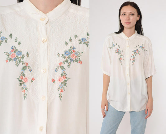 90s Garbo Floral Embroidered White Rayon Blouse Mandarin Collar Medium