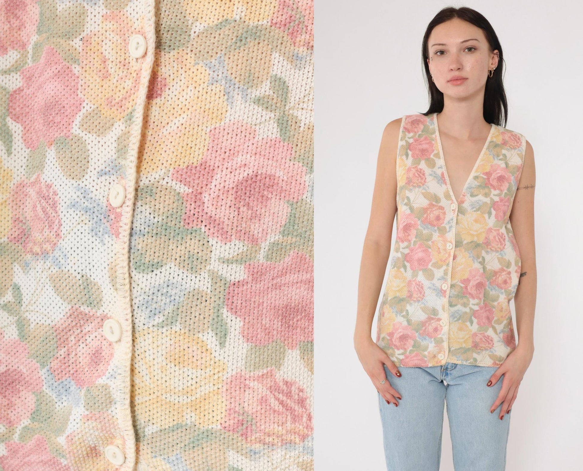 90s Floral Knit Vest Pink Yellow Rose Print Button-Up Sleeveless Medium