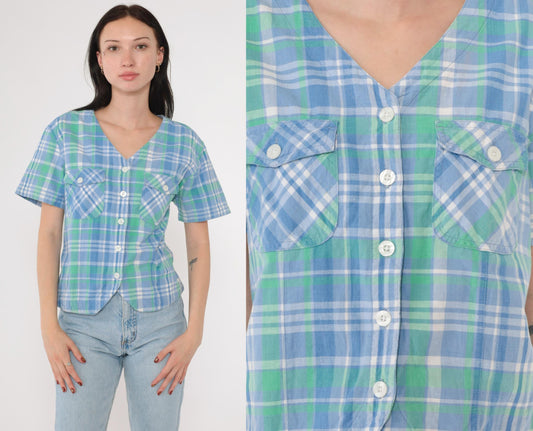 90s Blue Green Checkered Cotton Button Up Blouse Short Sleeve V Neck Medium