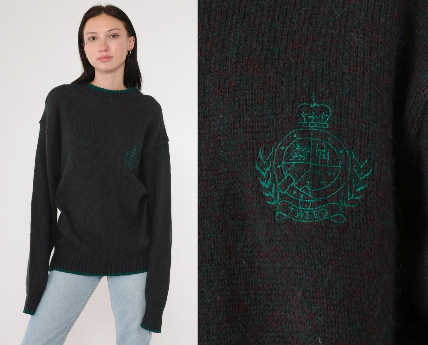 90s Hunting Horn Classics Shetland Wool Sweater Flecked Red Green Crest Medium