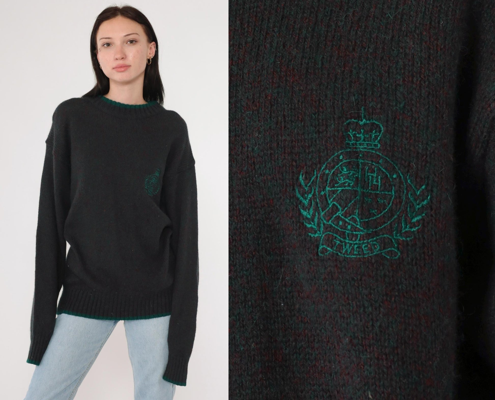 90s Hunting Horn Classics Shetland Wool Sweater Flecked Red Green Crest Medium