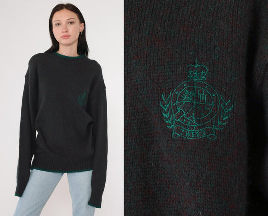 90s Hunting Horn Classics Shetland Wool Sweater Flecked Red Green Crest Medium