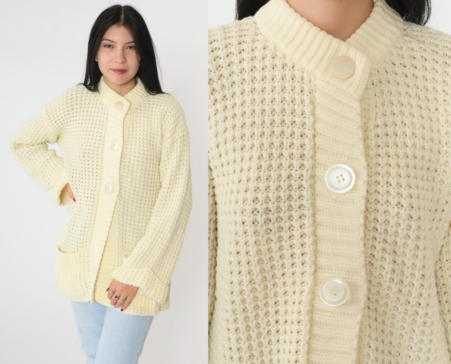 70s Cream Yellow Waffle Knit Cardigan Button-Up Ribbed Collar Pockets Medium Large