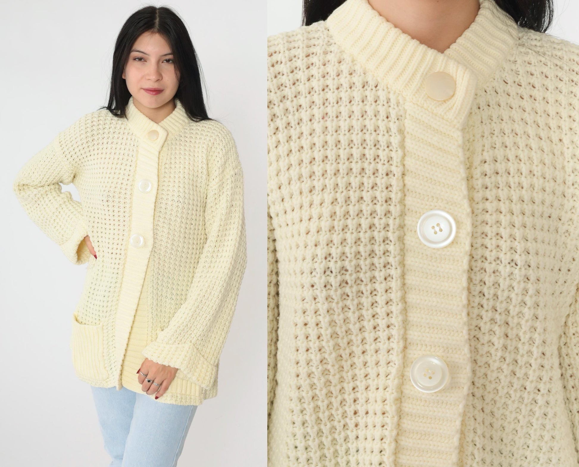70s Cream Yellow Waffle Knit Cardigan Button-Up Ribbed Collar Pockets Medium Large
