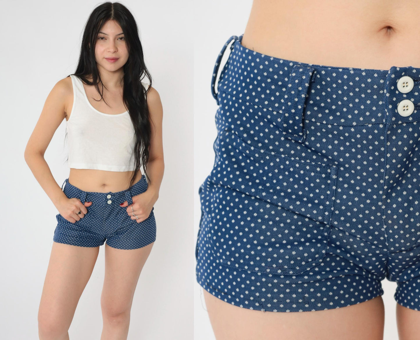 70s Polka Dot Shorts Mid Rise Dark Blue White Small