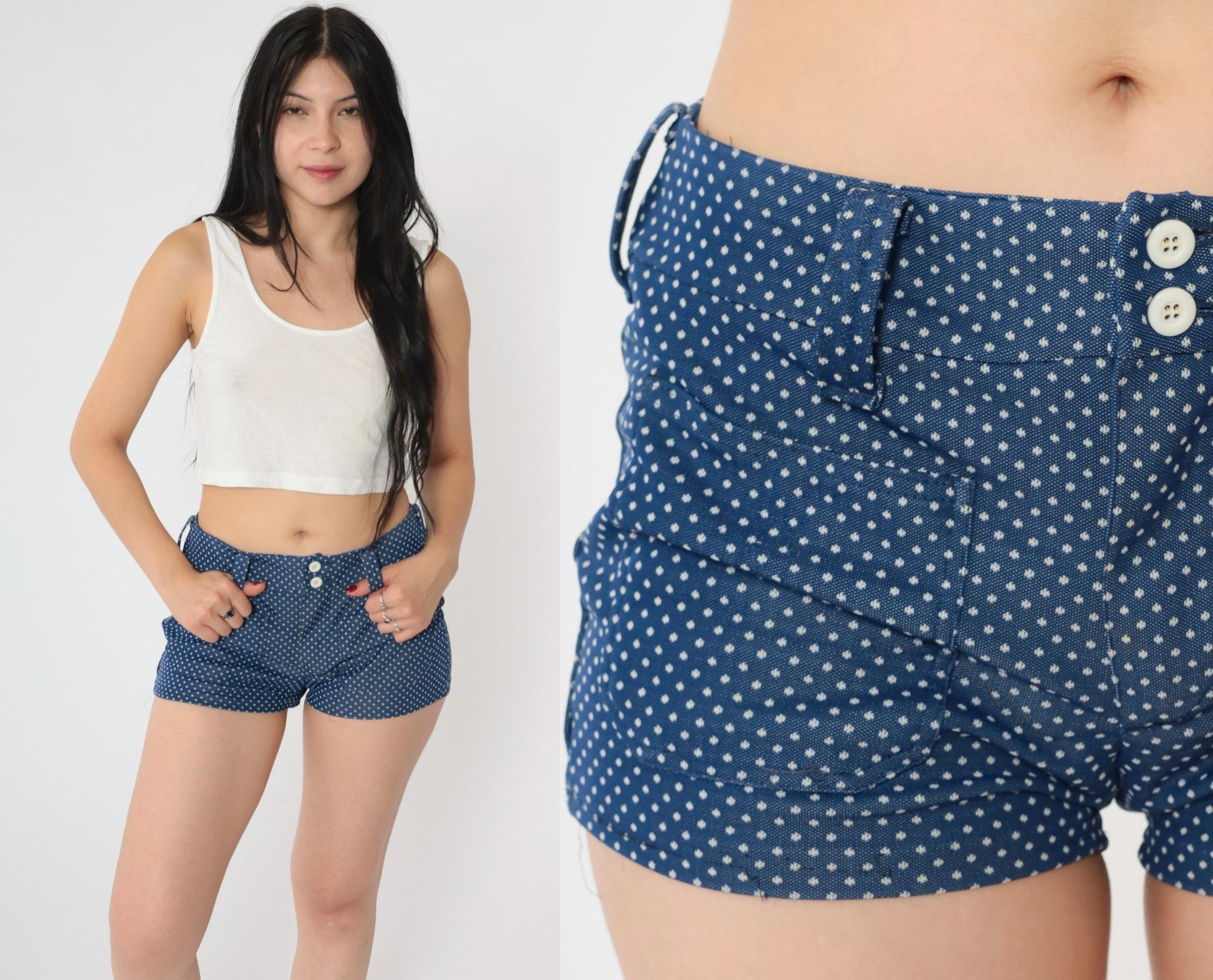 70s Polka Dot Shorts Mid Rise Dark Blue White Small