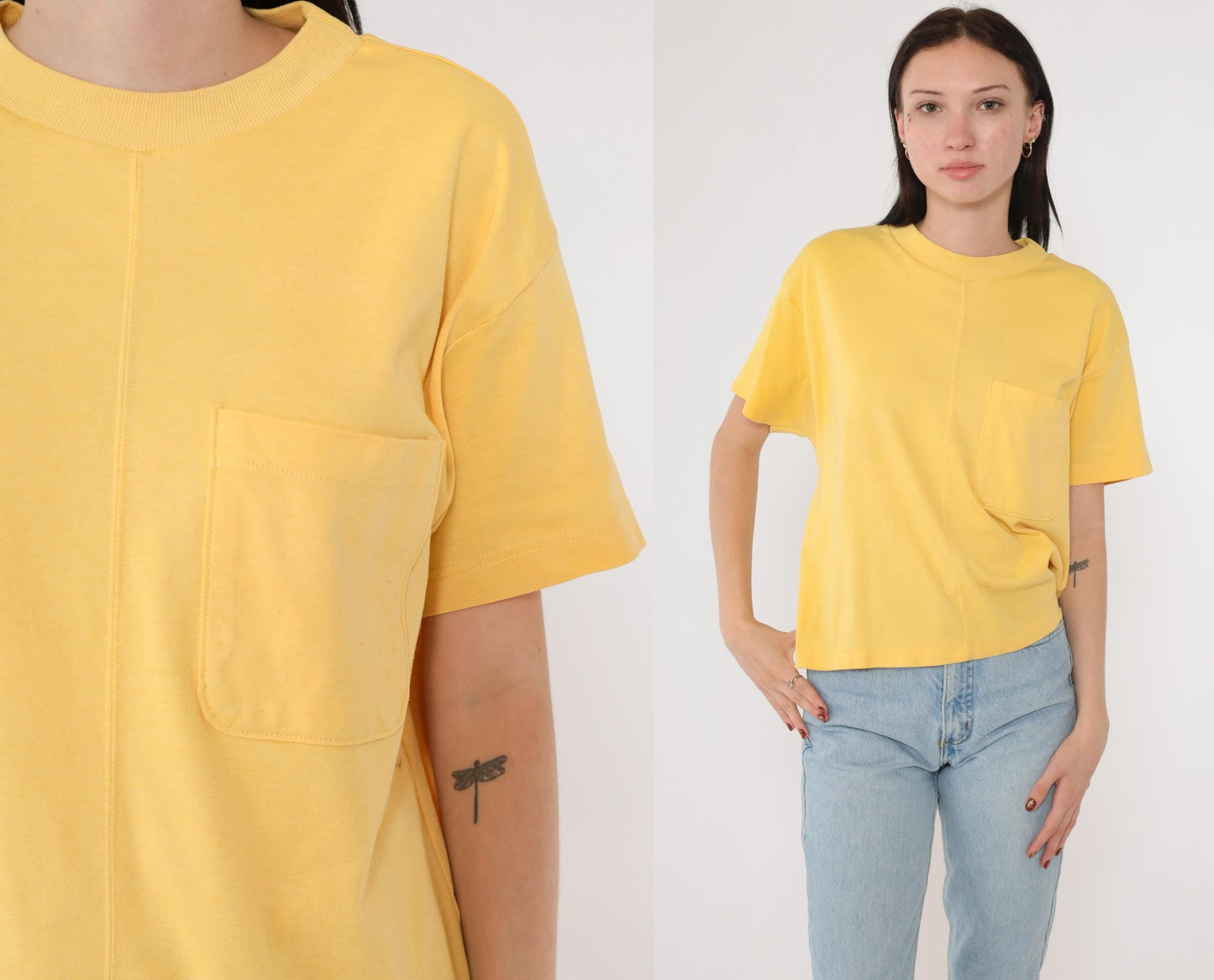 90s Yellow Pocket T-Shirt Joan Harper Crewneck Plain Tee Medium