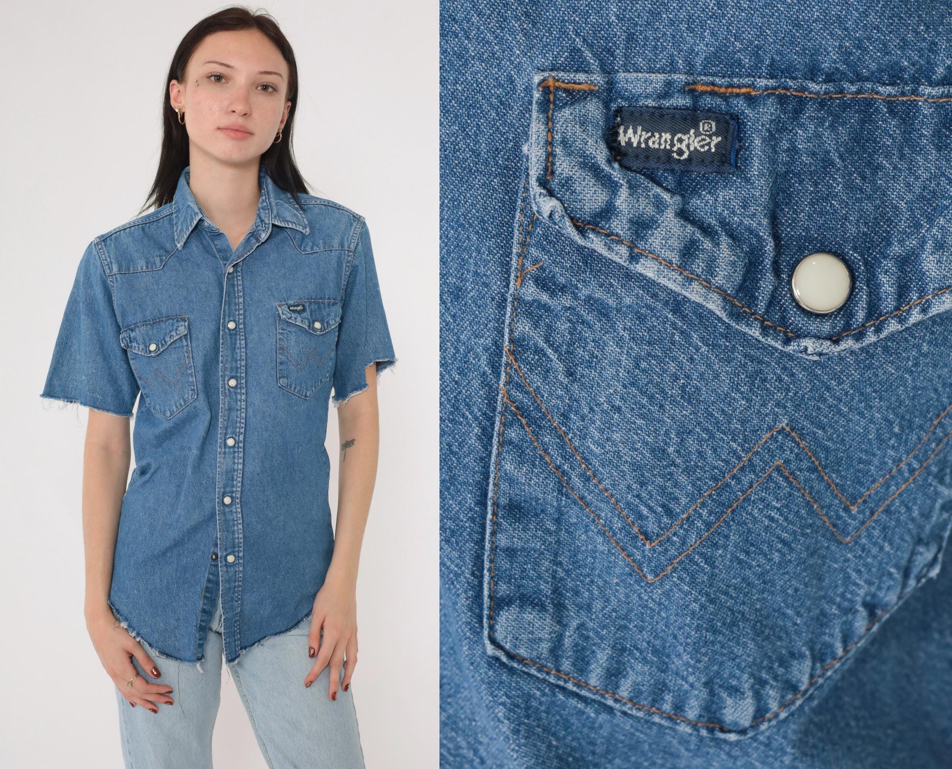 90s Wrangler Blue Denim Western Shirt Pearl Snap Cutoff Sleeves Small