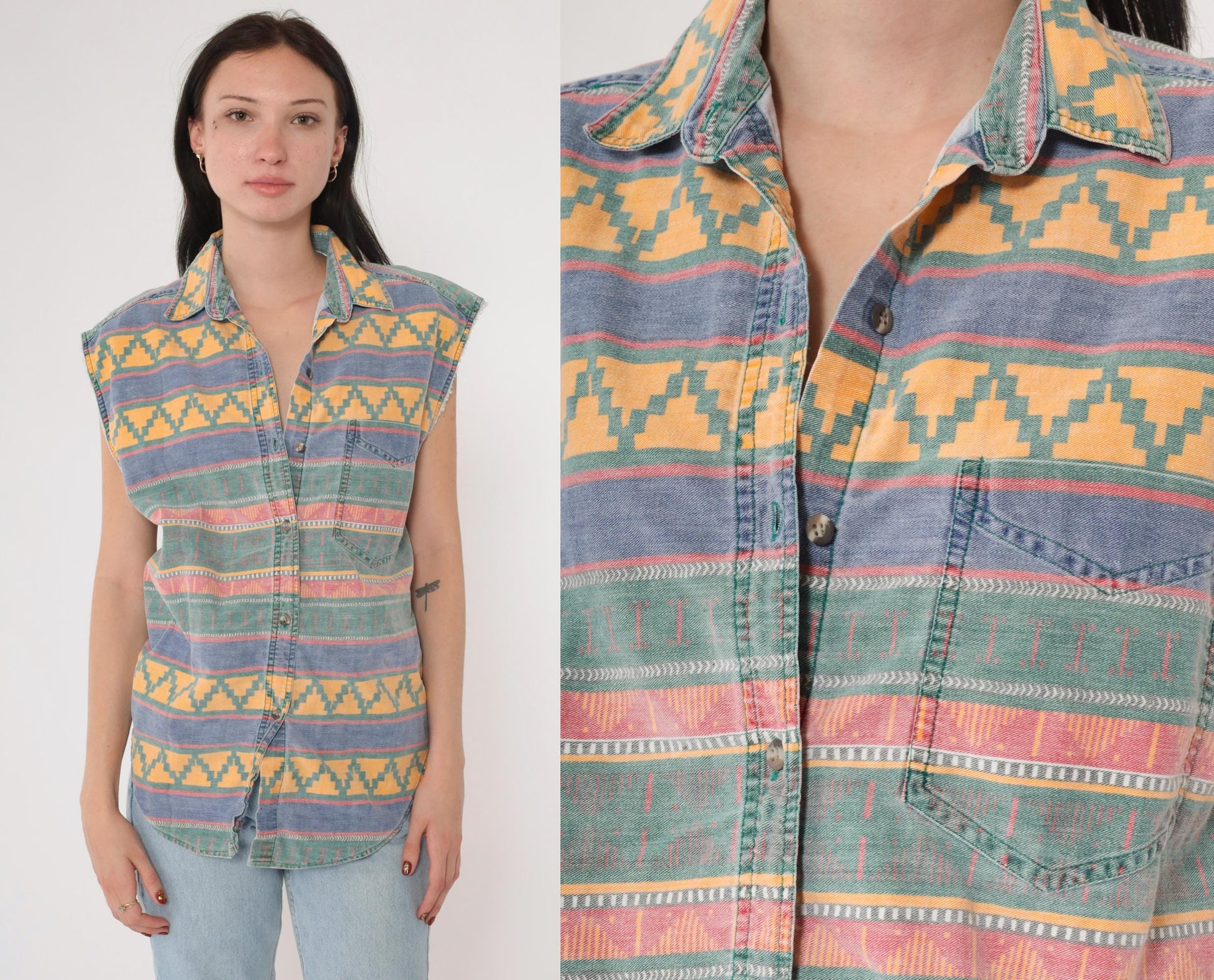 90s Quizz Southwestern Geometric Button-Up Tank Yellow Blue Green Medium
