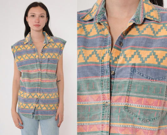 90s Quizz Southwestern Geometric Button-Up Tank Yellow Blue Green Medium