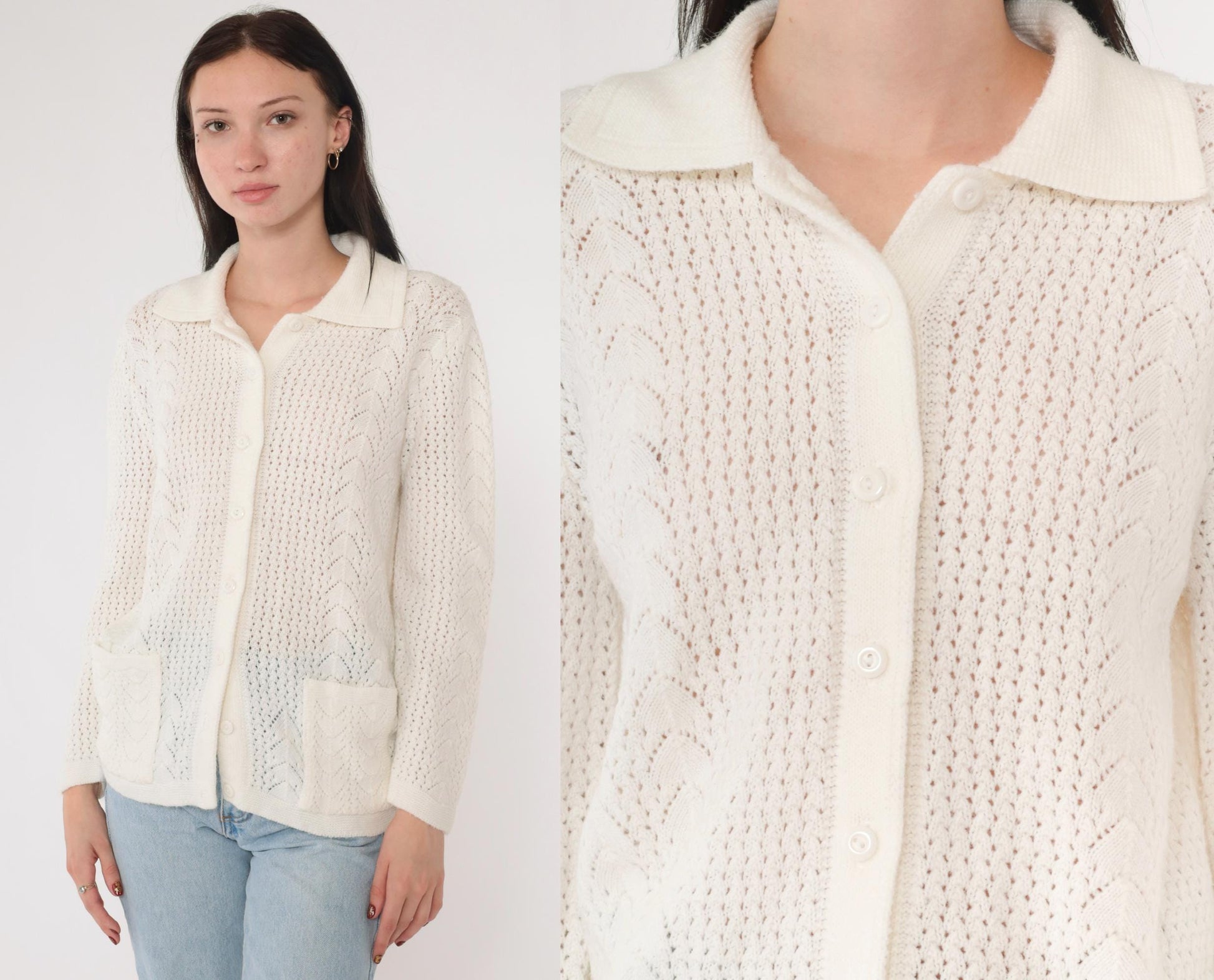 70s White Pointelle Open Weave Cardigan Button Up Knit Medium