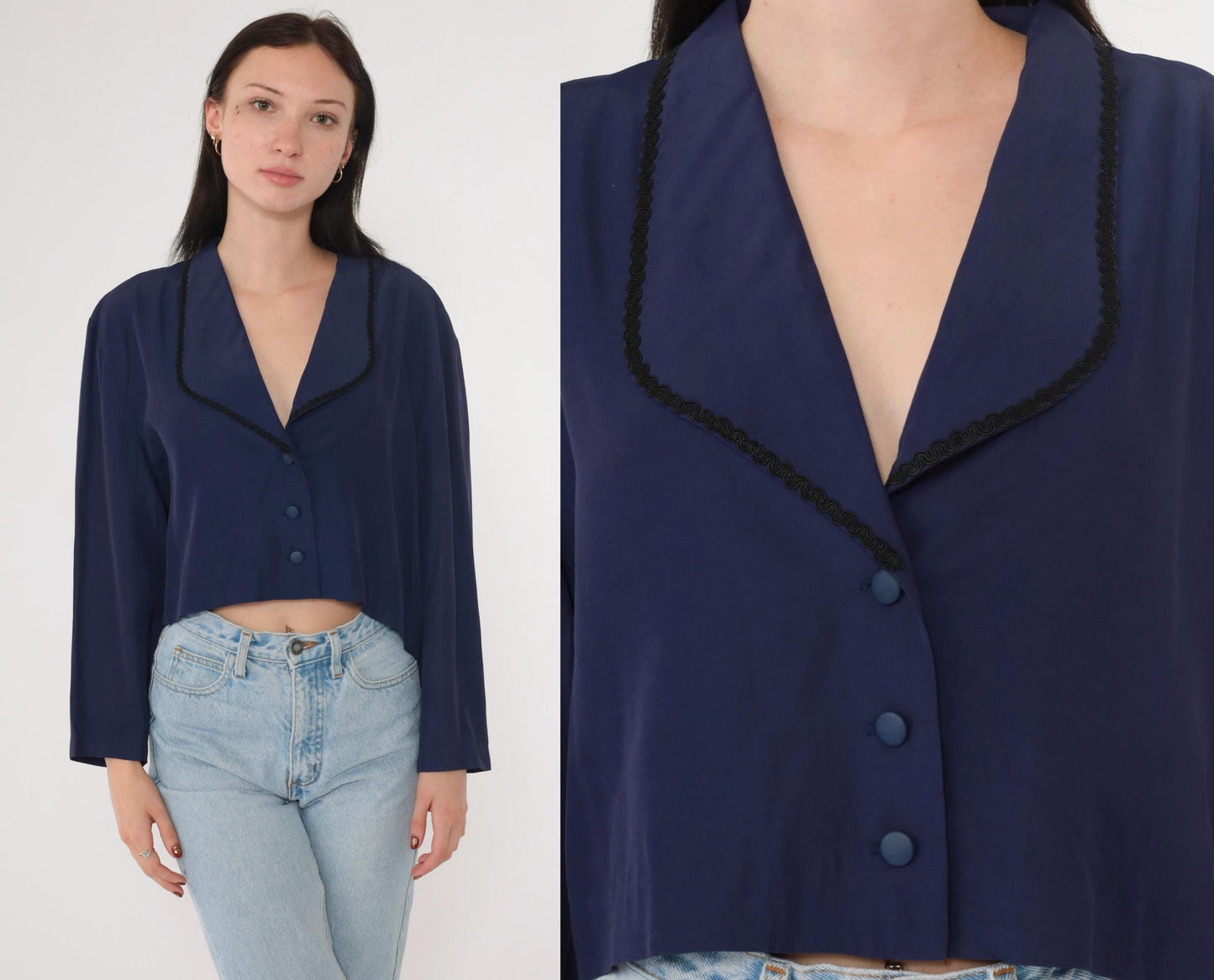 80s Navy Cropped Button-Up Blouse Black Trim Collar Long Sleeve Large