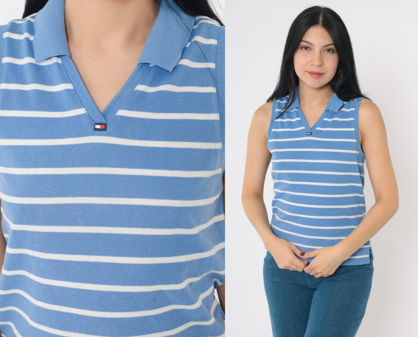 Y2K Tommy Jeans Striped Tank Top Blue White Collared V-Neck Small