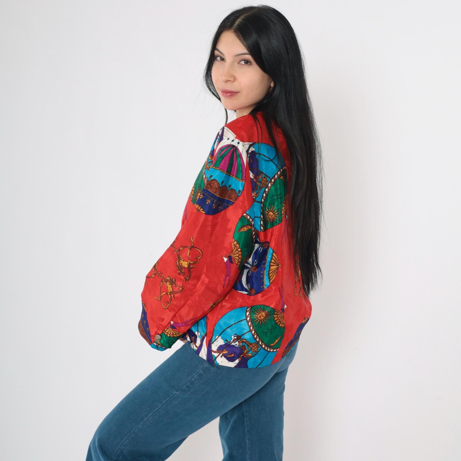 90s Hot Air Balloon Cherub Celestial Jacket Red Multicolor Button Up Medium