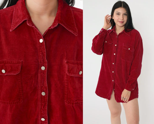 90s Red Cotton Oxford Button-Up Blouse Long Sleeve Chest Pocket Small