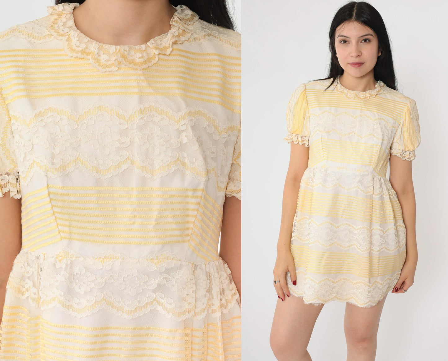 70s Yellow White Floral Lace Mini Dress Puff Sleeve Ruffle Trim Small