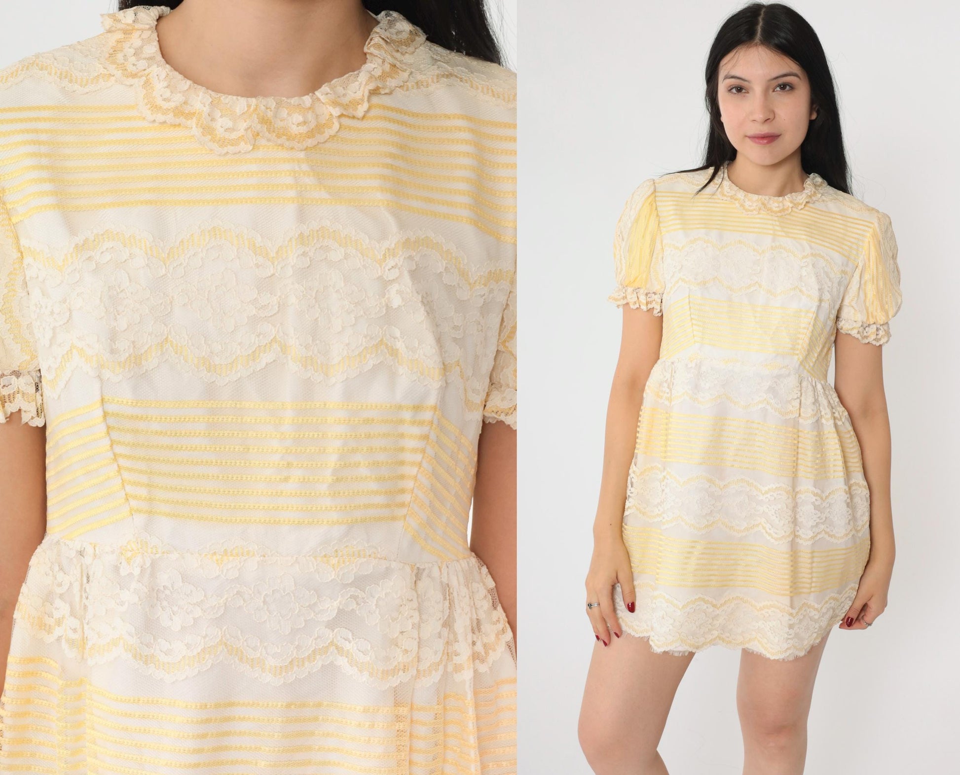 70s Yellow White Floral Lace Mini Dress Puff Sleeve Ruffle Trim Small