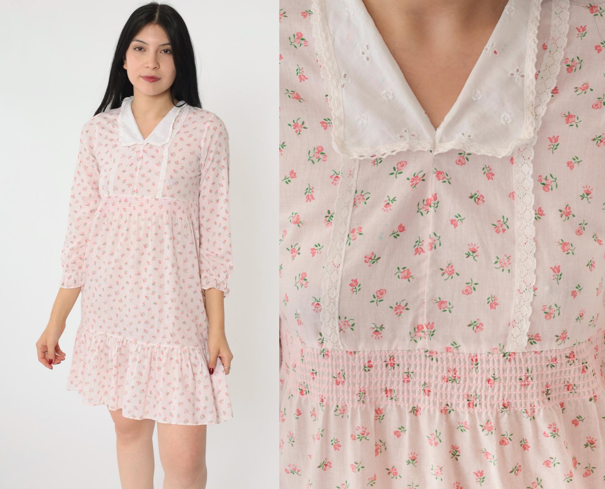 70s Floral Babydoll Dress Baby Pink Empire Waist Mini 3/4 Sleeve Extra Small