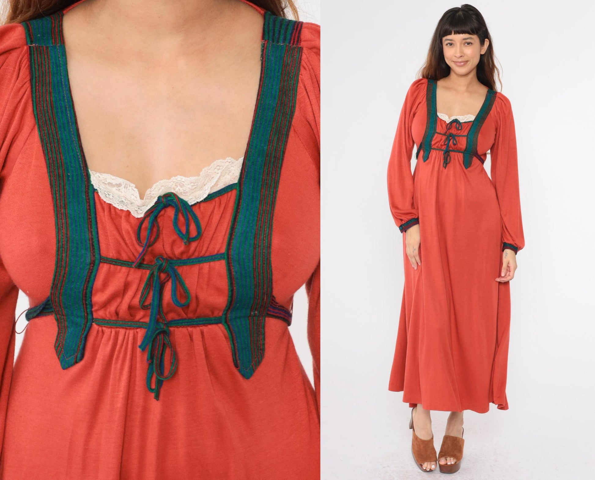 70s Rust Orange Prairie Maxi Dress Puff Sleeve Empire Waist Small Medium