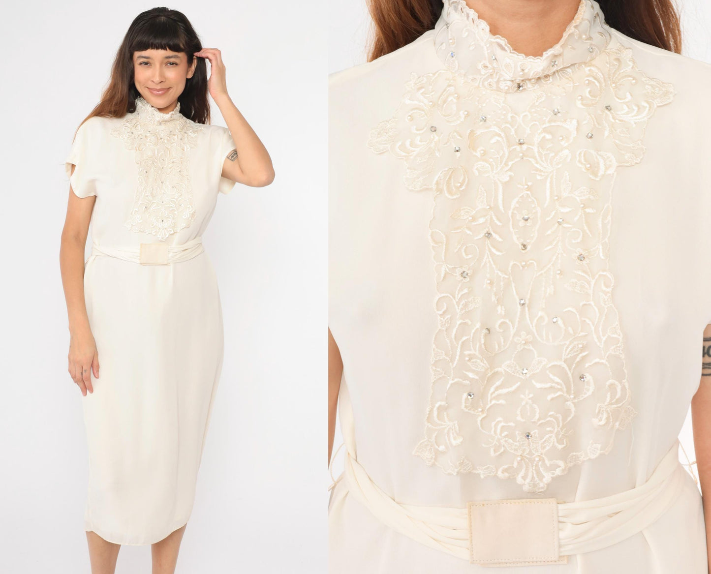 80s Patra Cream Floral Embroidered Beaded Midi Dress Dolman Sleeve Small