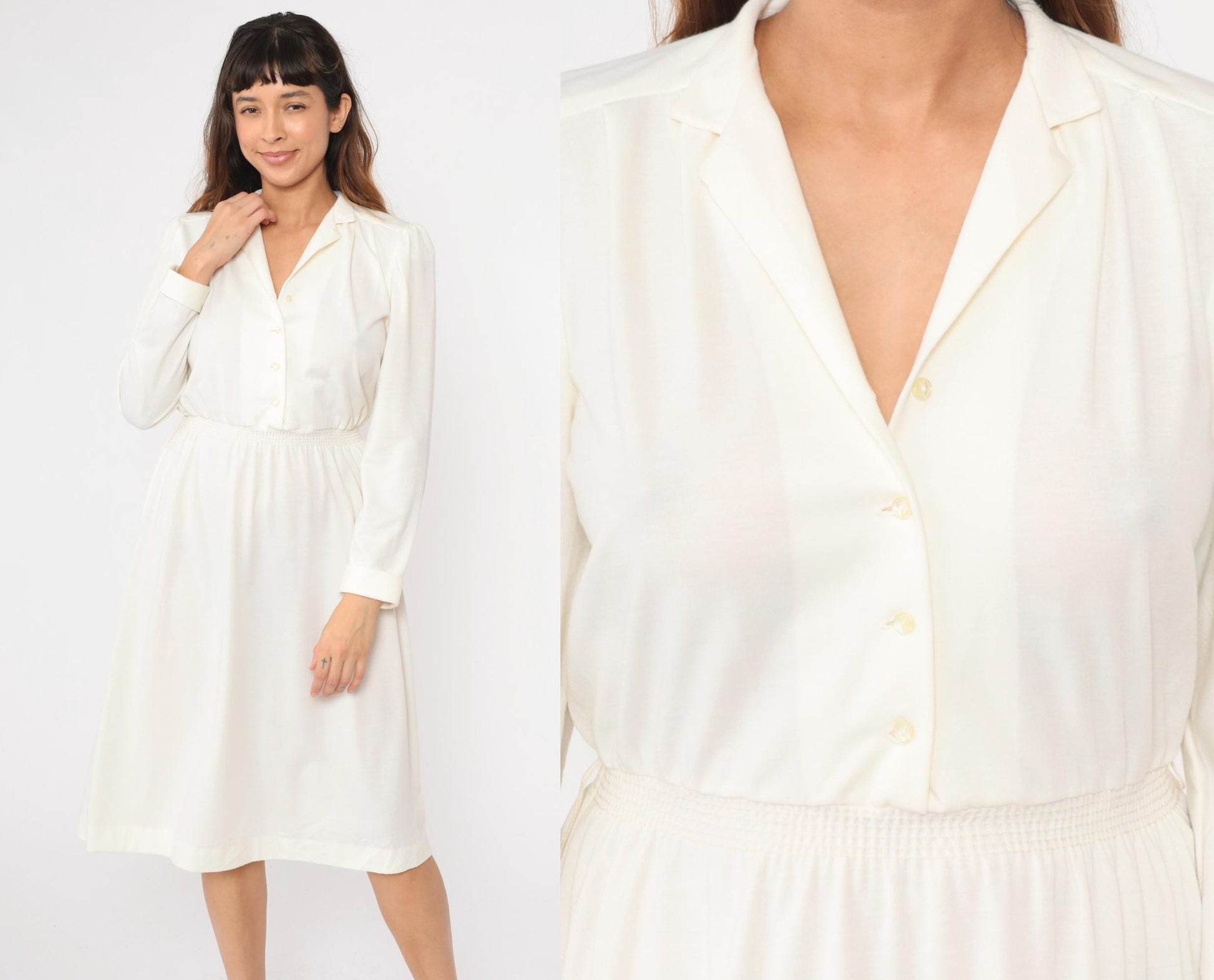80s Off-White Puff Sleeve Shirtdress Midi High Waist Button Front Small