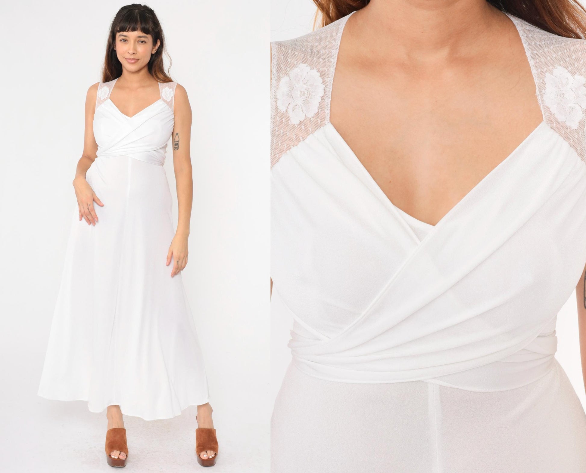 70s White Maxi Dress Sheer Lace Empire Waist Wrap Sleeveless Extra Small