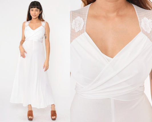 70s White Maxi Dress Sheer Lace Empire Waist Wrap Sleeveless Extra Small