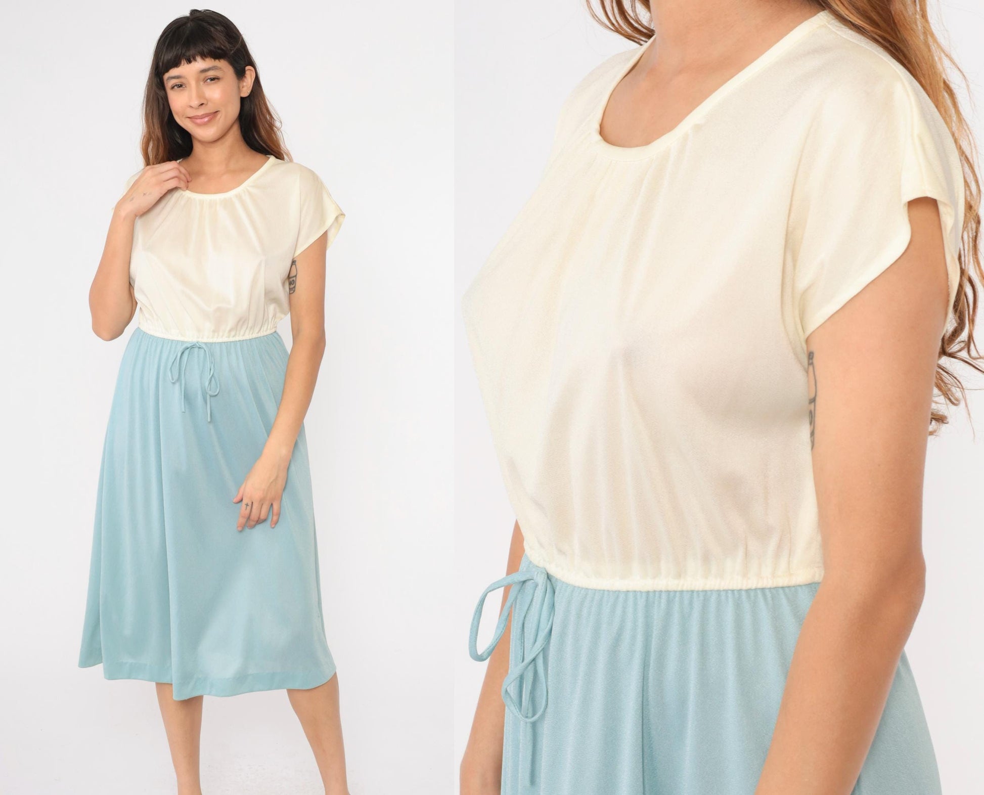 70s Color Block Midi Dress Baby Blue Cream Cap Sleeve Elastic Waist Medium