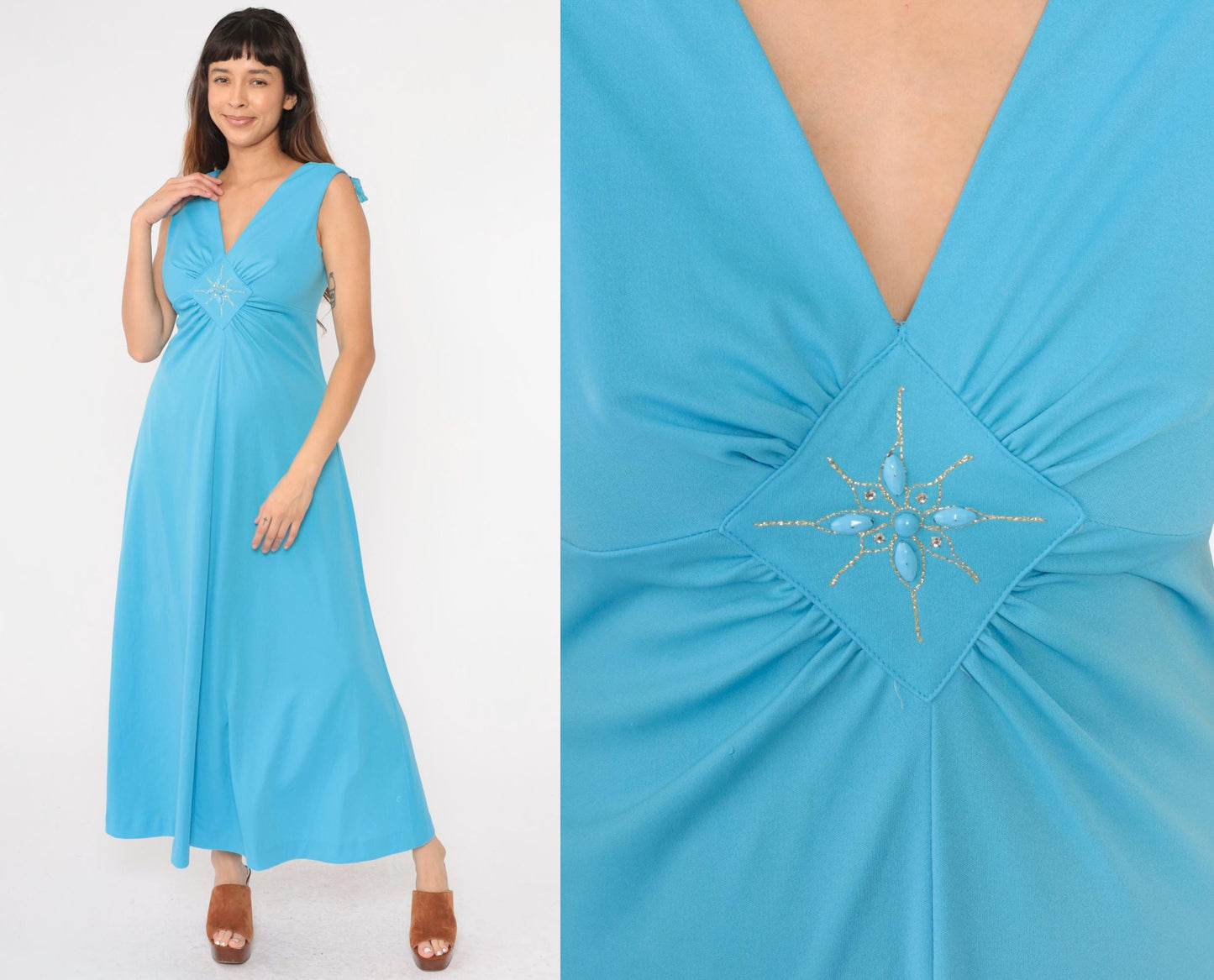 70s Blue Maxi Dress Rhinestone Beaded Empire Waist V Neck Sleeveless Medium