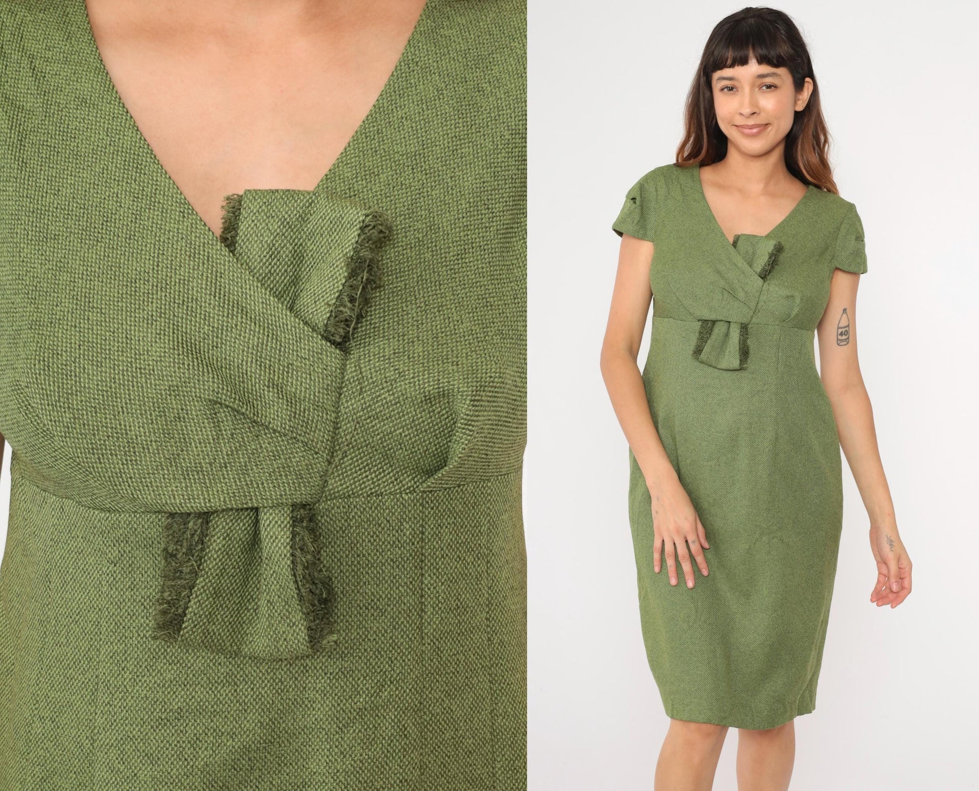 90s Y2K Julian Taylor Olive Green Pencil Dress Fringe Bust Empire Waist Medium