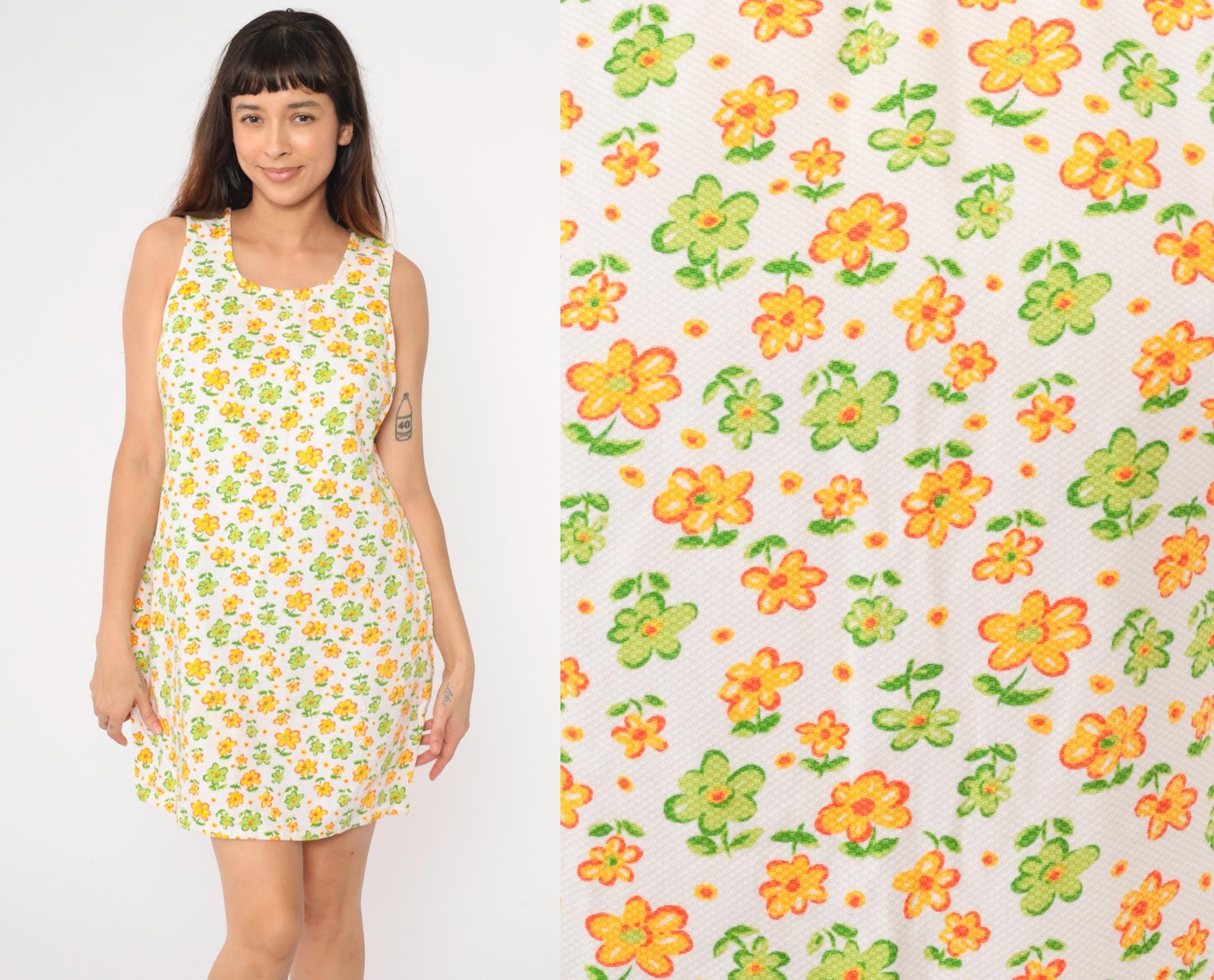 90s Floral Mini Dress White Yellow Green Shift Sleeveless Medium