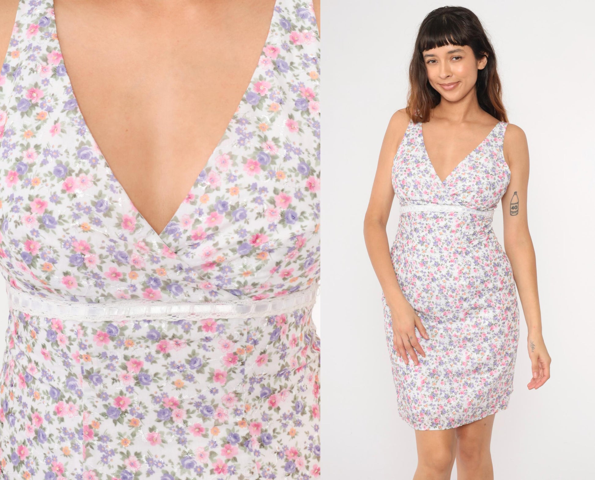 90s Ditsy Floral Mini Dress Empire Waist Embroidered White Lavender Pink Medium