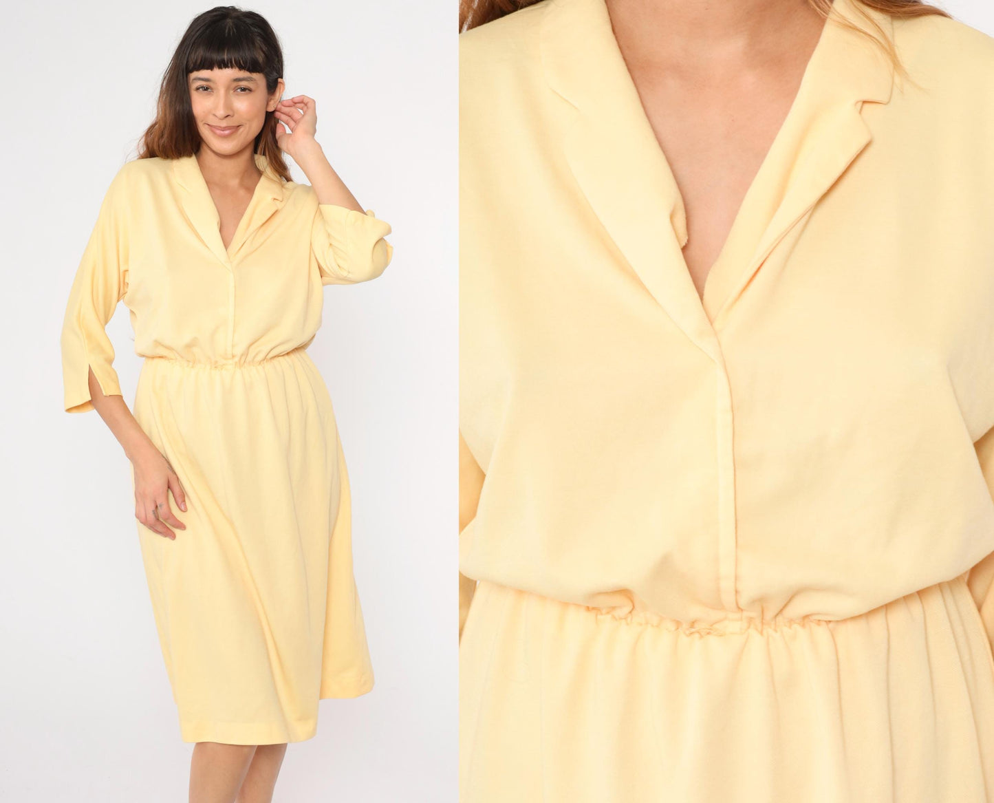 80s Yellow Midi Dress V Neck High Waist 3/4 Sleeve Small Medium